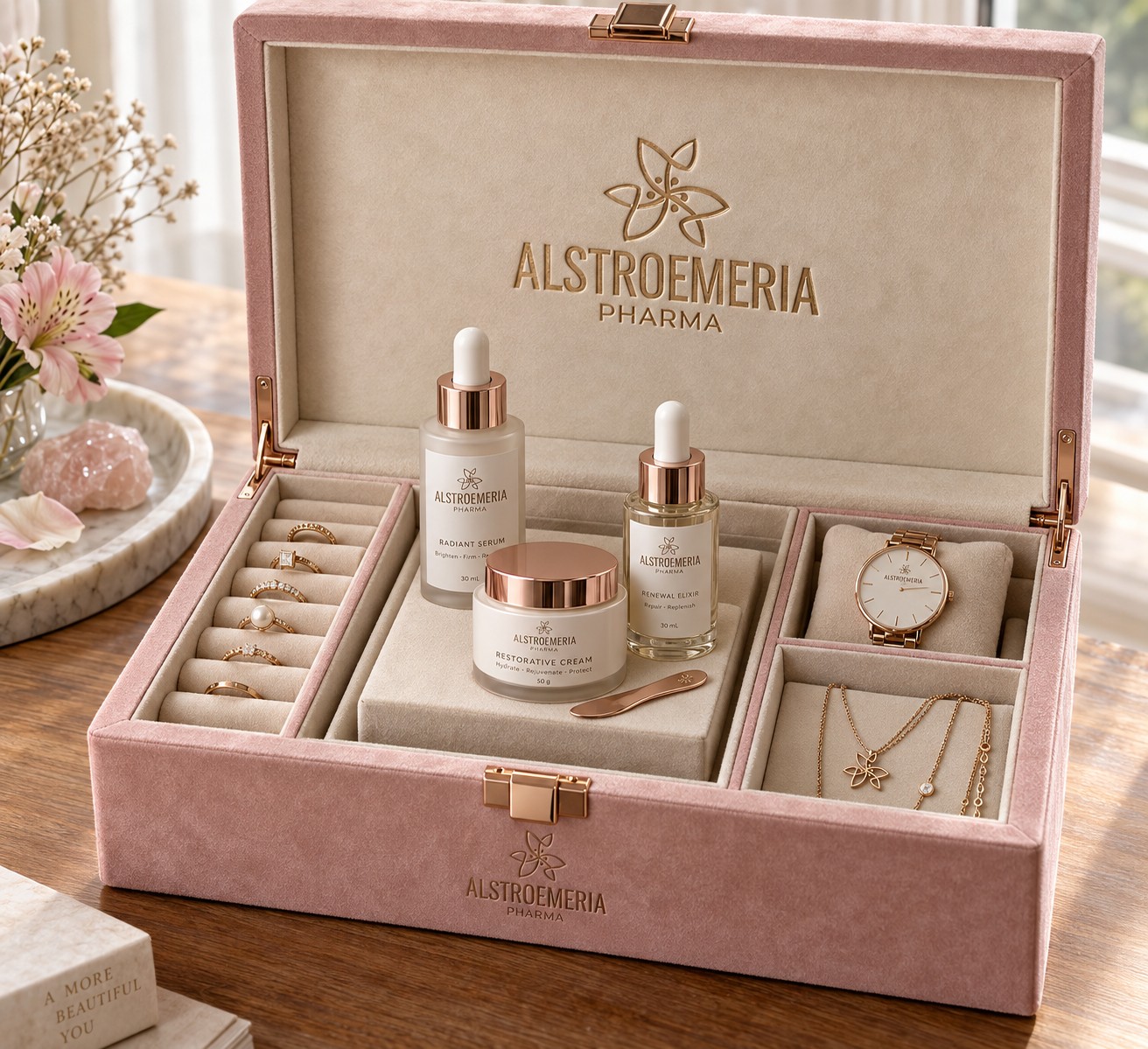 The Rose Coffret — Blush velvet · rose-gold hardware