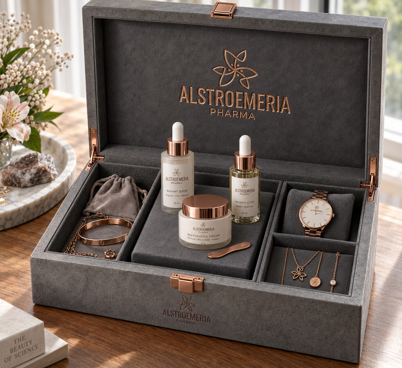 The Charcoal Coffret — Slate velvet · copper hardware