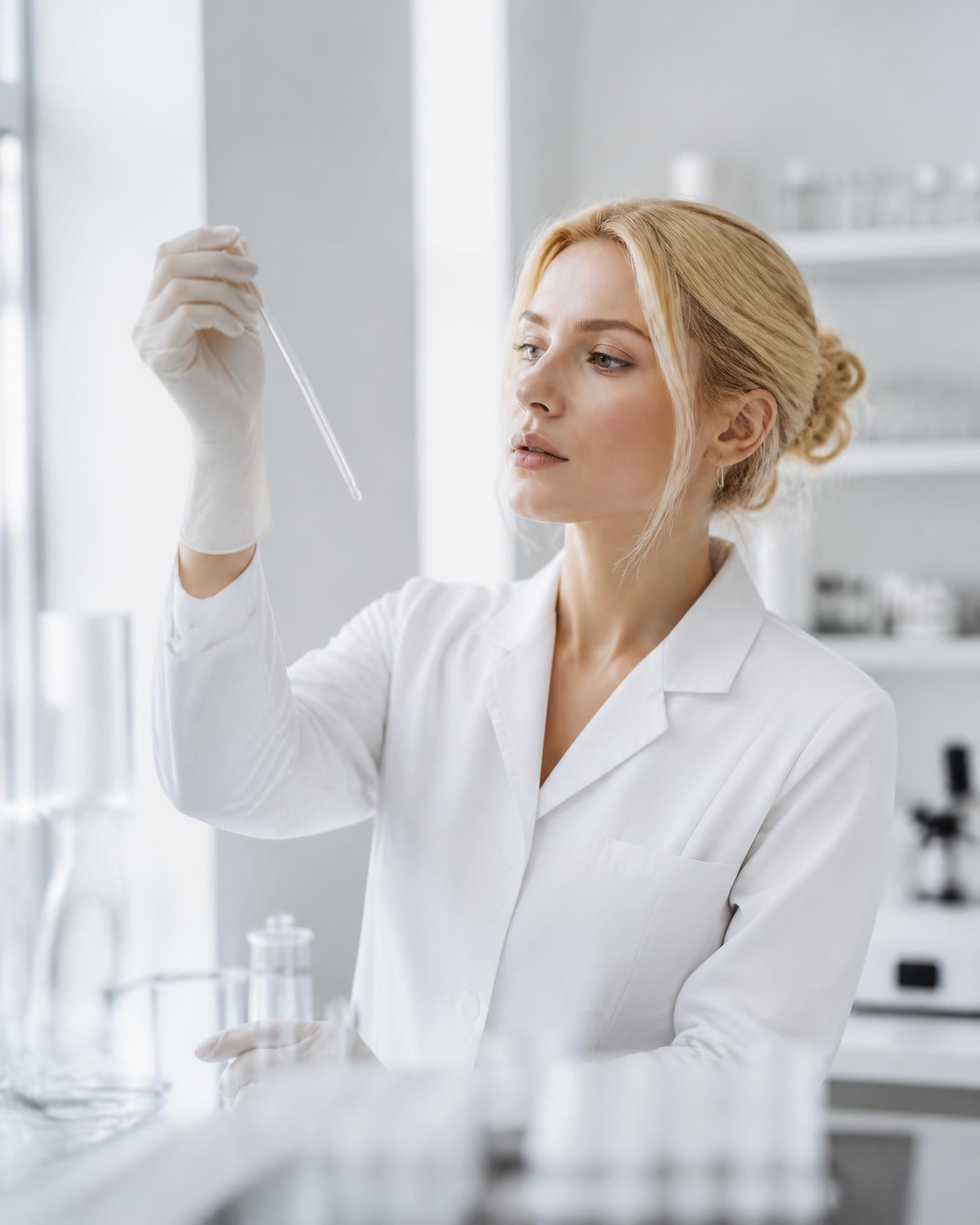 A scientist examining a formulation pipette in a white laboratory